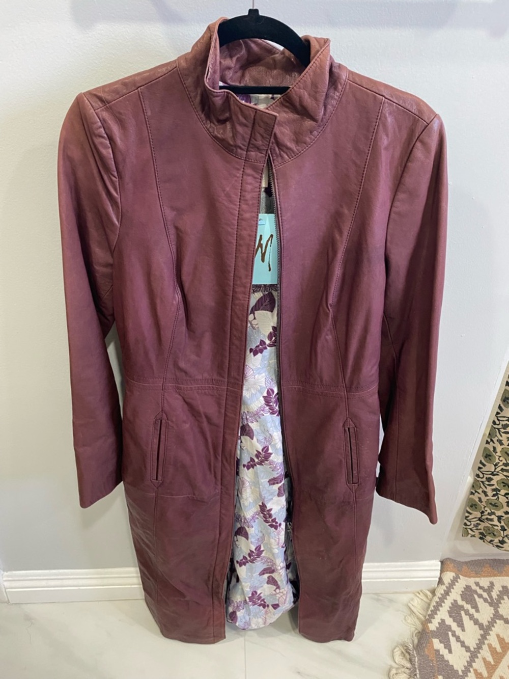 Marciano Mauve Leather Long Coat with Stand Collar